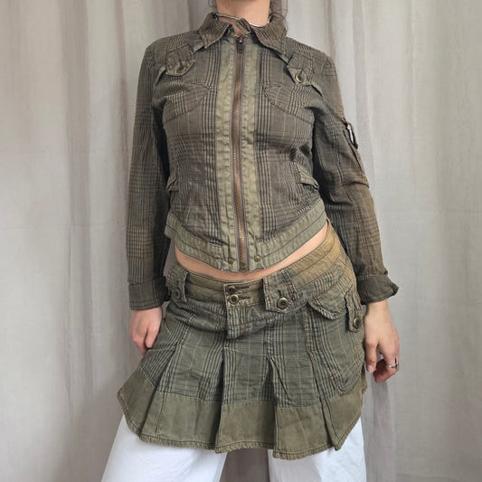Military Plaid Zip Jacket + Skirt set