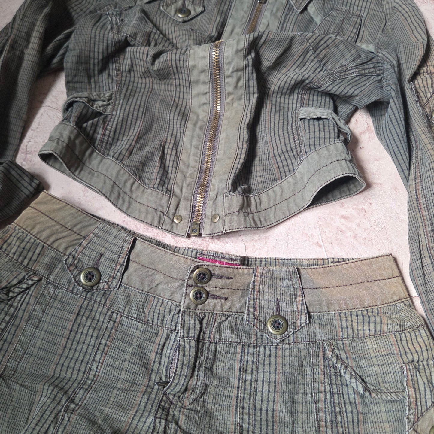 Military Plaid Zip Jacket + Skirt set